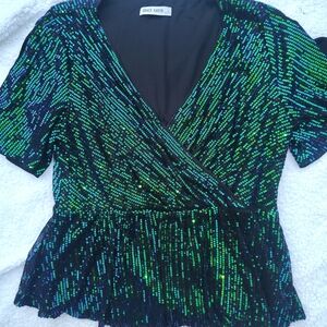 Grace Karin Black Wrap Top with Iridescent Green Sequins